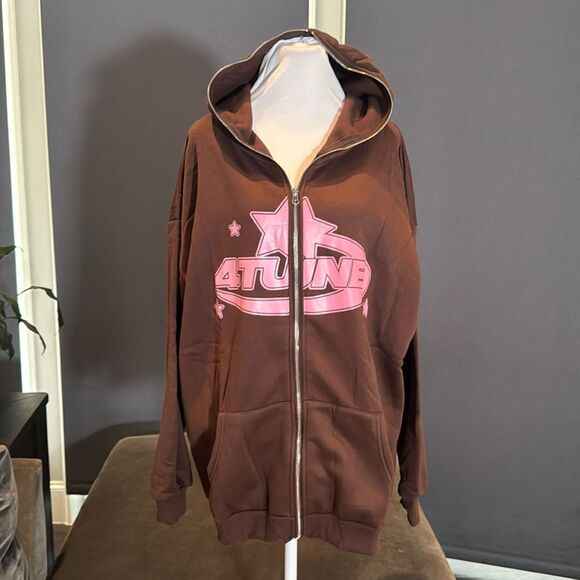 Men’s Women’s Unisex Brown Fleece Zip Up Hoodie 4Tune Size XL NEW - Picture 1 of 13
